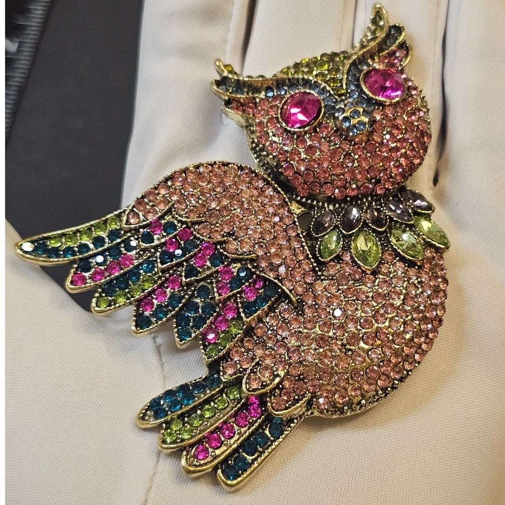LARGE Vintage Style Owl Brooch Multicolor Rhinestone Gold Whimsical Cottagecore